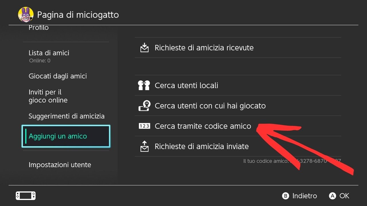 Schermata del profilo utente Nintendo Switch che mostra il codice amico e le opzioni per aggiungere amici.