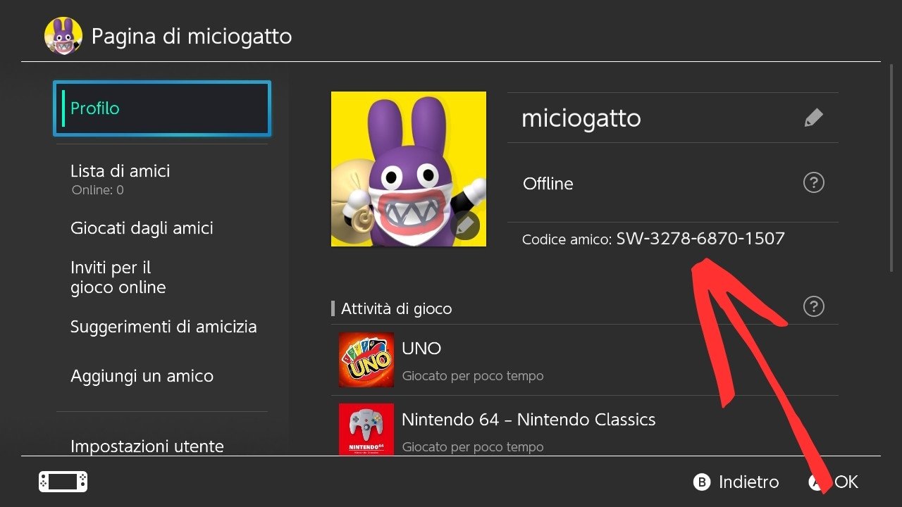 Nintendo Switch - Profilo Utente Codice Amico