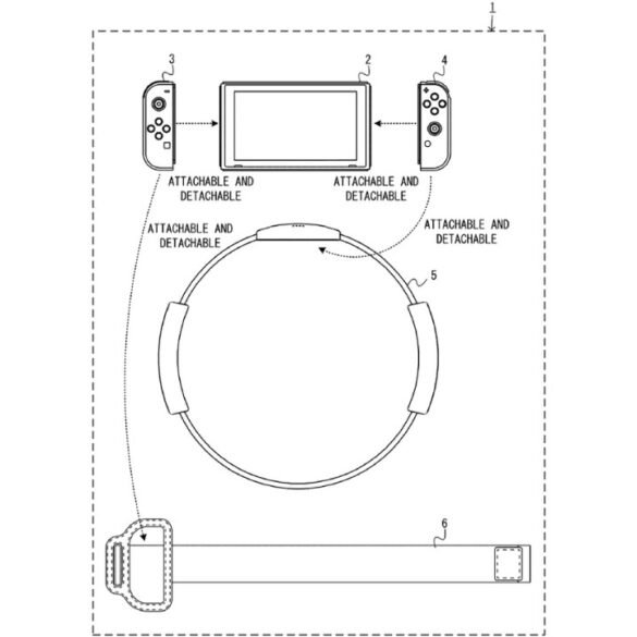 Una rappresentazione stilizzata di un Ring-Con con i controller magnetici della Nintendo Switch 2 inseriti, che richiama il brevetto US20250249365