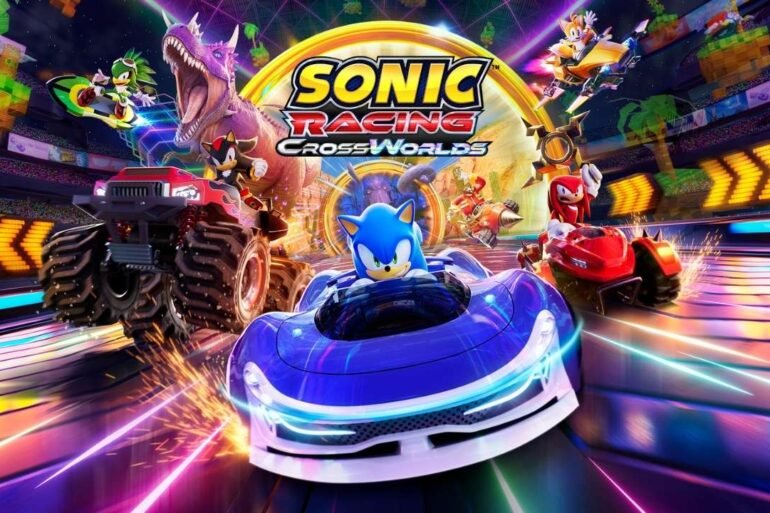 Una scena di gioco di Sonic Racing: CrossWorlds con Sonic e altri personaggi in corsa su una pista futuristica