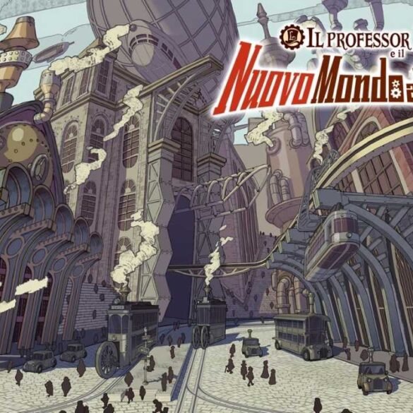 Copertina del gioco Il professor Layton e il Nuovo Mondo a vapore, un'ambientazione a tema steampunk, con ingranaggi e vapore in sottofondo.