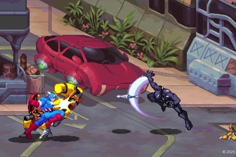 Un'immagine che mostra Black Panther e Cosmic Ghost Rider lottare fianco a fianco in un livello di MARVEL Cosmic Invasion, con un'estetica che richiama i fumetti classici.