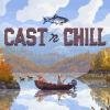 Key art in pixel art del videogioco Cast n Chill: un pescatore su una barca con il suo cane in un lago autunnale, con montagne sullo sfondo e il logo del gioco in alto.