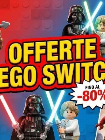 Un collage promozionale con il logo Nintendo Switch e la scritta "OFFERTE LEGO SWITCH FINO AL -80%", circondata da personaggi LEGO di Horizon Adventures, Harry Potter, Star Wars, Jurassic World e Marvel.