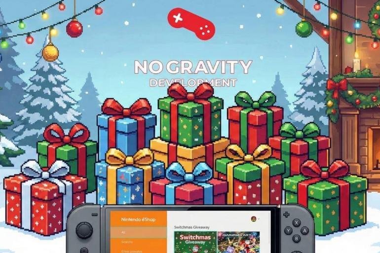 Grafica promozionale Switchmas 2025 con pacchi regalo e logo No Gravity.