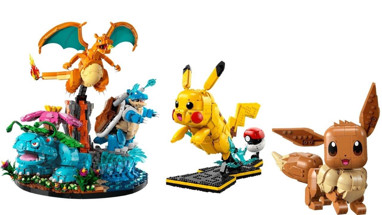 La nuova collezione LEGO Pokémon che mostra i set di Pikachu, Eevee, Charizard, Blastoise e Venusaur costruiti con i mattoncini