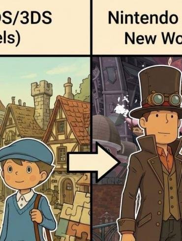 Grafica che mostra l'evoluzione del Professor Layton e Luke dai titoli per Nintendo DS fino al nuovo capitolo per Switch del 2026.