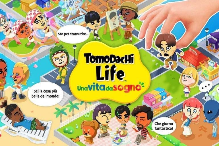 I personaggi Mii interagiscono su un'isola colorata nel key visual di Tomodachi Life: Una vita da sogno per Nintendo Switch.