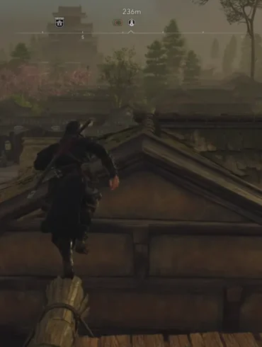 Naoe esegue un salto manuale tra i tetti del Giappone in Assassin's Creed Shadows su Nintendo Switch 2.