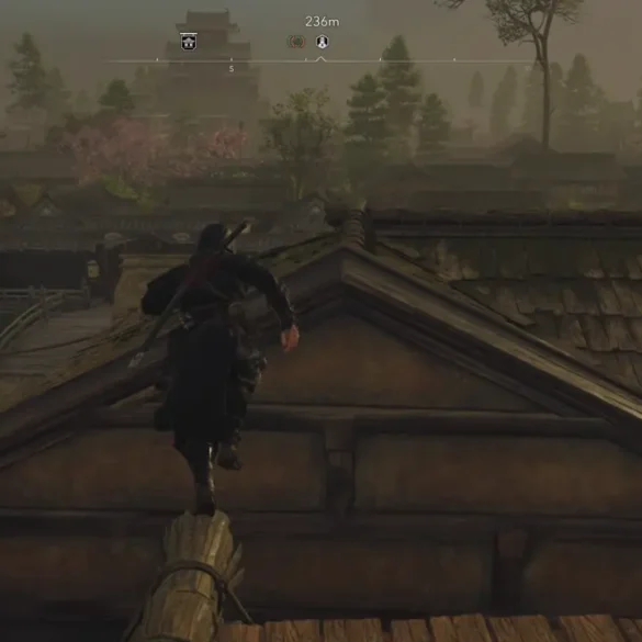 Naoe esegue un salto manuale tra i tetti del Giappone in Assassin's Creed Shadows su Nintendo Switch 2.