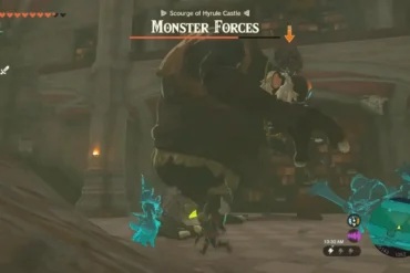 Link affronta un Hinox Nero nel Castello di Hyrule in Zelda: Tears of the Kingdom.