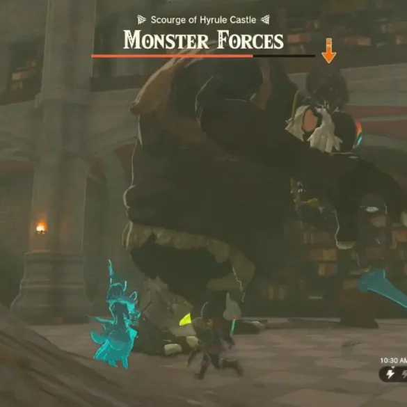 Link affronta un Hinox Nero nel Castello di Hyrule in Zelda: Tears of the Kingdom.