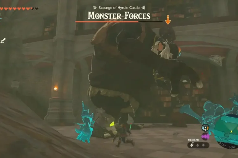 Link affronta un Hinox Nero nel Castello di Hyrule in Zelda: Tears of the Kingdom.