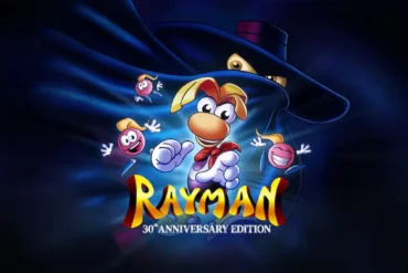 Rayman circondato dagli Electoons con l'ombra di Mr. Dark sullo sfondo per la 30th Anniversary Edition su Nintendo Switch.