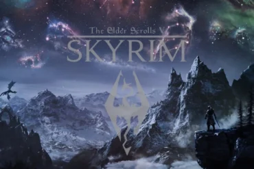 Sfondo di gioco di Skyrim con guerriero e drago.