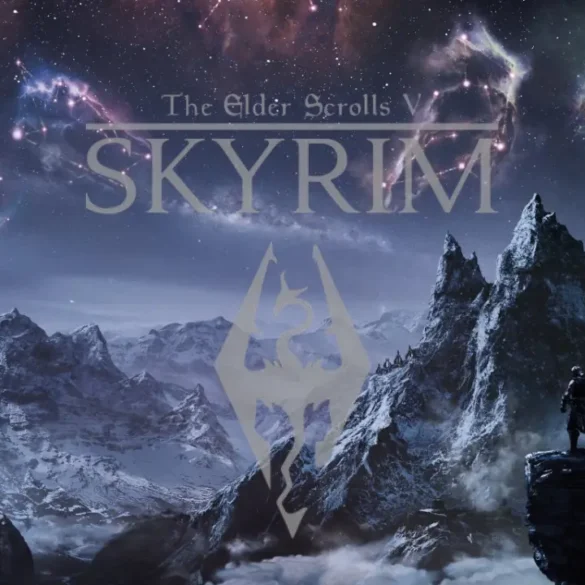 Sfondo di gioco di Skyrim con guerriero e drago.