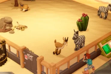 Schermata di gioco di Two Point Museum: Zooseo su Nintendo Switch 2 che mostra un habitat animale nel Parco Silverbottom.