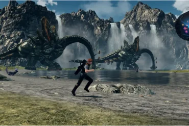 Screenshot di gameplay di Xenoblade Chronicles X: Definitive Edition su Nintendo Switch 2 che mostra il protagonista correre vicino a creature giganti e cascate sul pianeta Mira.